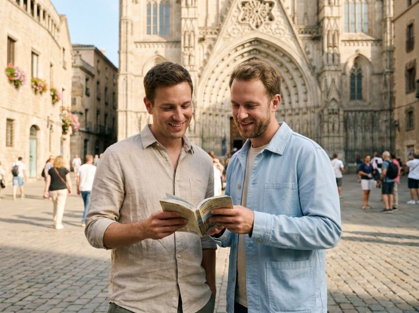 Deux hommes voyageurs LGBTQ+ devant une cathédrale historique européenne tenant un guide de voyage