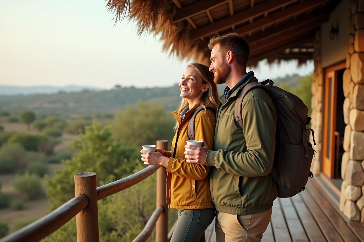 Couple souriant sur la terrasse d’un lodge en savane