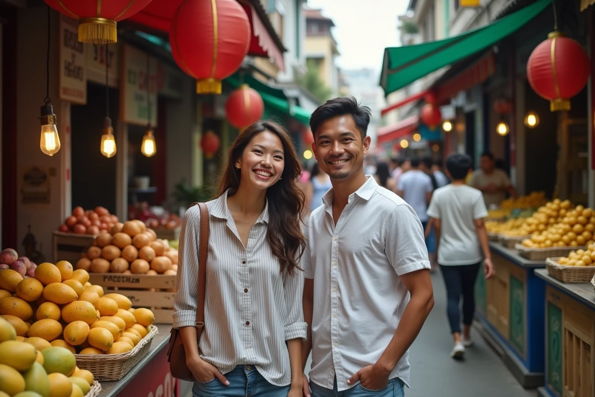 Couple explorant les étals colorés du marché de Binondo, quartier chinois de Manille