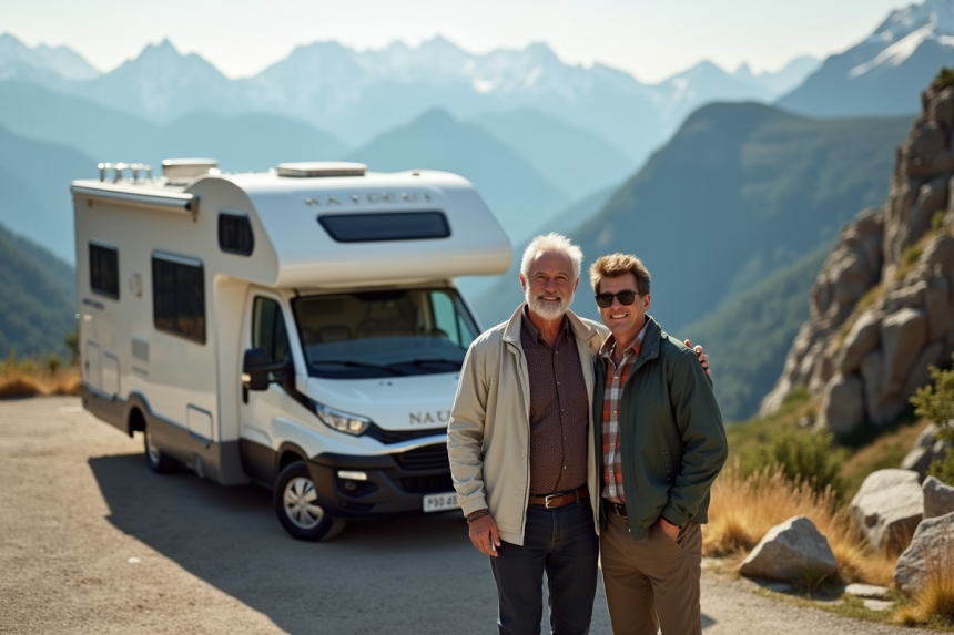 Couple en voyage devant un motorhome 2025 en montagne