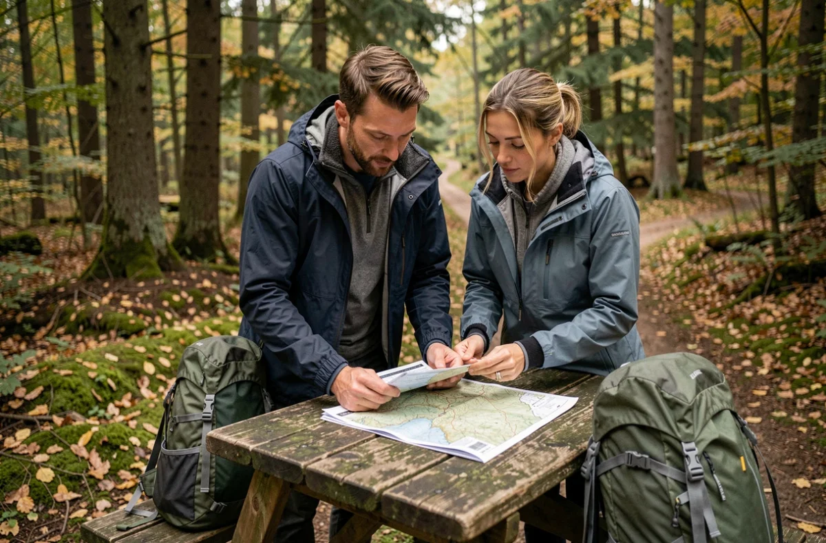 Couple de pèlerins étudiant ensemble un itinéraire de pèlerinage vers Saint-Jacques-de-Compostelle en forêt