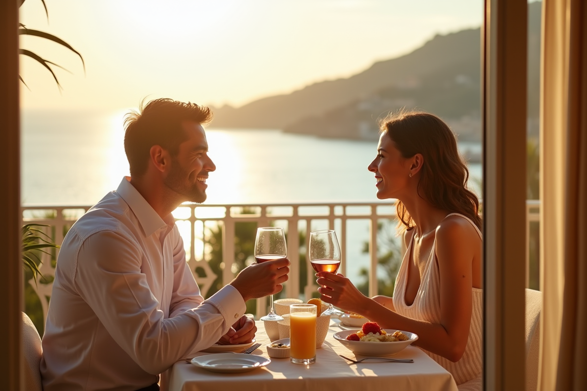 Couple romantique petit déjeuner sur balcon ensoleille cote d azur