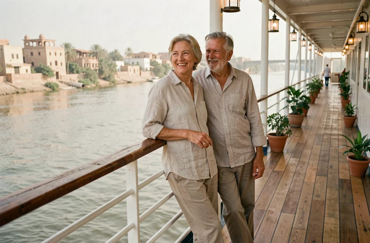 Couple de voyageurs profitant de la vue sur le Nil depuis le pont d'un bateau de croisière