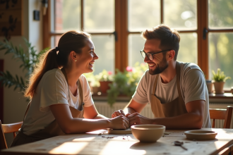 Couple riant travaillant sur la poterie à la lumière naturelle