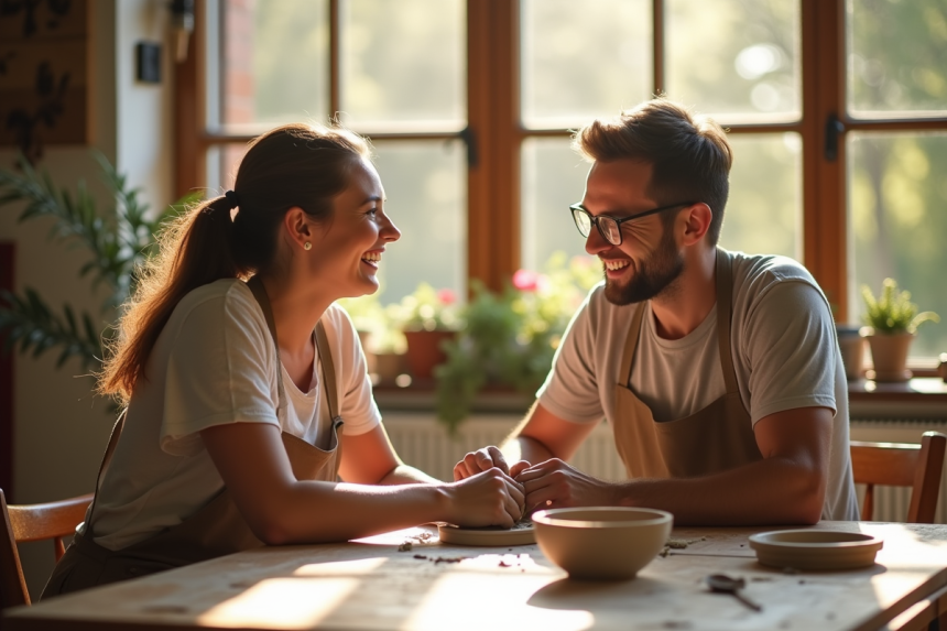 Couple riant travaillant sur la poterie à la lumière naturelle