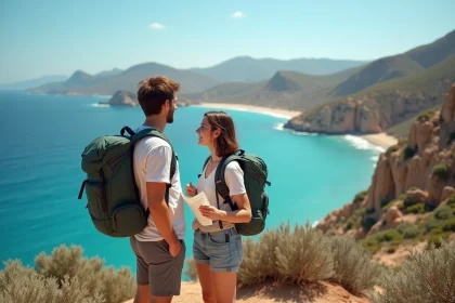 Jeune couple en randonn&eacute;e sur la c&ocirc;te corse