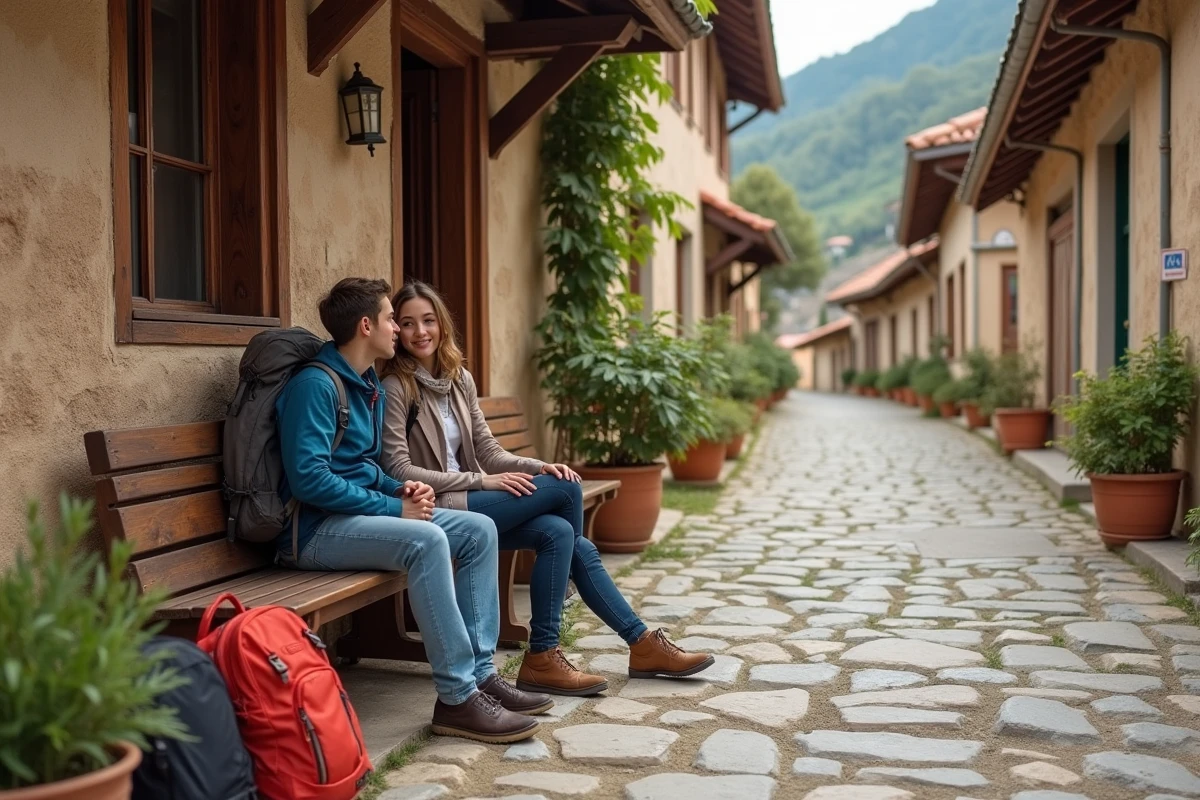Jeune couple en randonnée dans un village montagnard