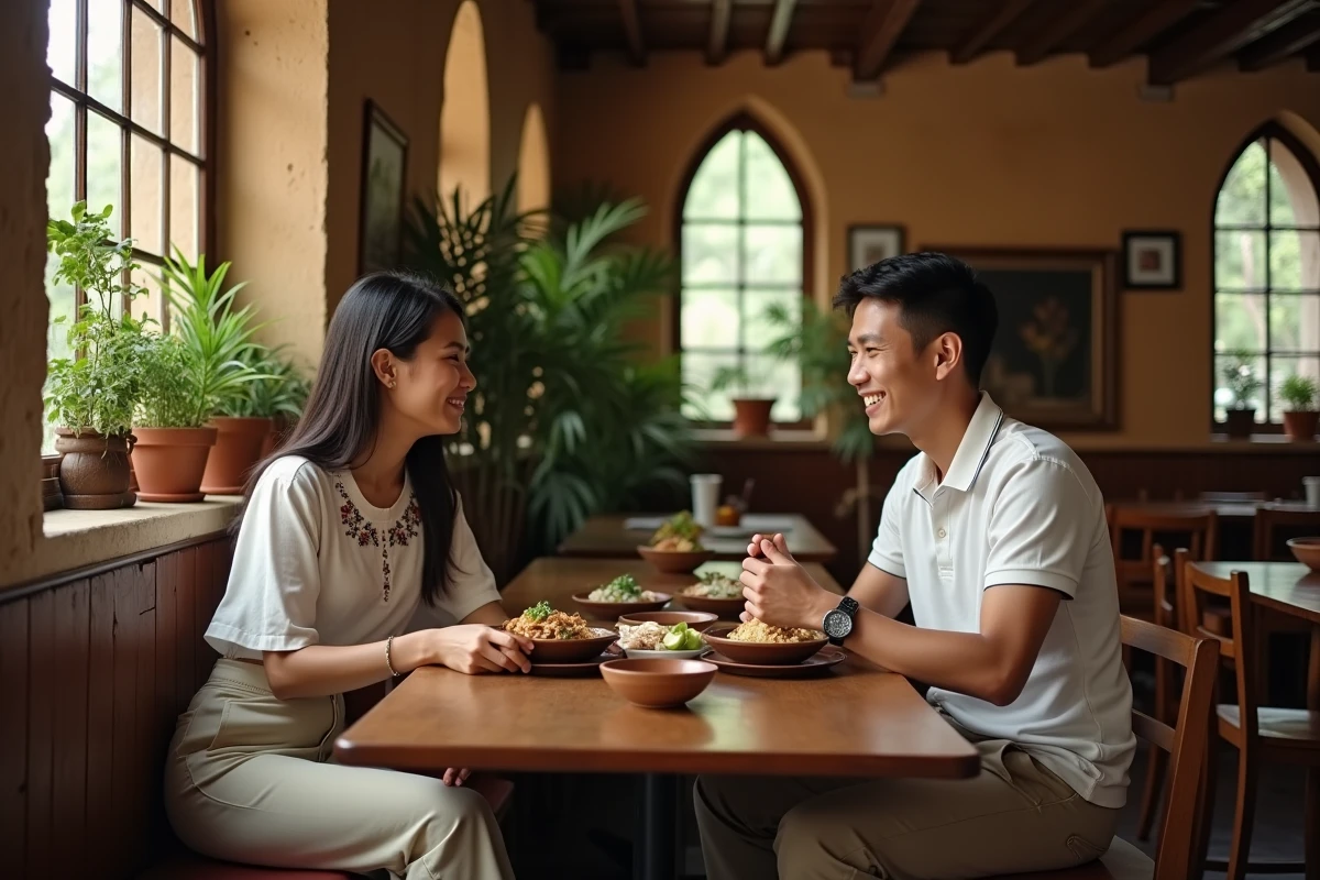 Couple partageant un repas traditionnel philippin dans un restaurant historique d'Intramuros à Manille