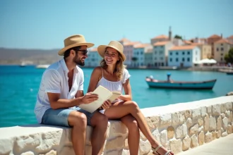 Jeune couple souriant sur la promenade de Crète