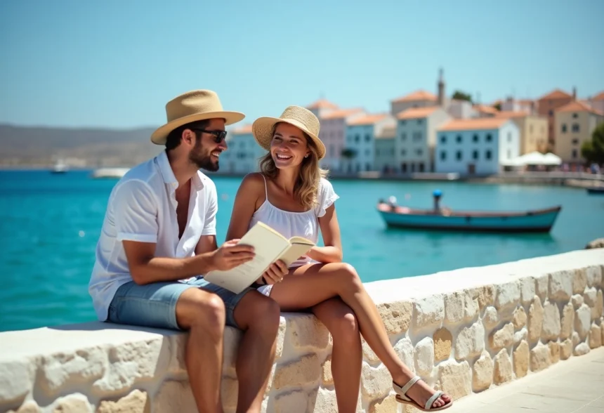 Jeune couple souriant sur la promenade de Cr&egrave;te