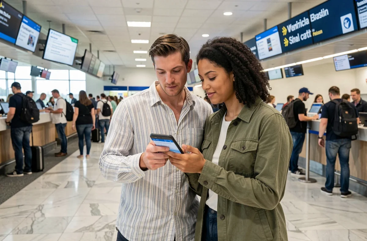 Couple consultant une application d'indemnisation AirHelp sur smartphone dans un hall d'aéroport après un vol annulé