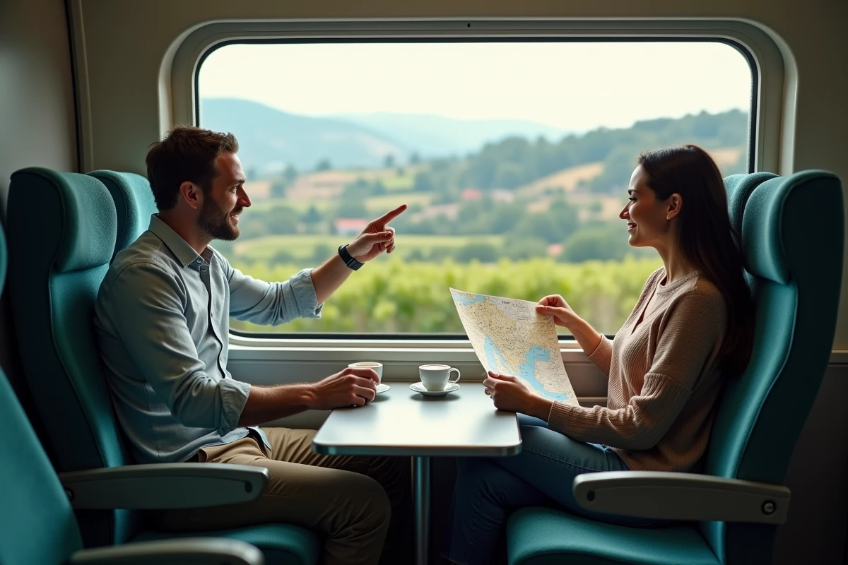 Couple dans un compartiment de train à grande vitesse consultant une carte de Venise avec vue sur la campagne italienne depuis la fenêtre