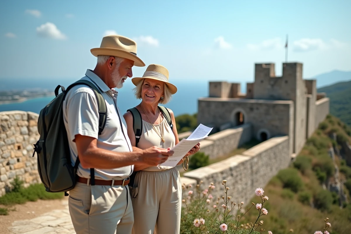Vieux couple visitant ruines de la forteresse à Zante