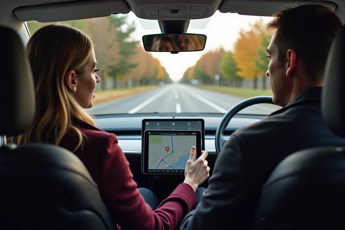 Couple dans une voiture consultant une tablette avec les paramètres d'itinéraire rapide et économique sur une application de navigation