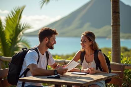Jeune couple discutant de voyage à la Réunion