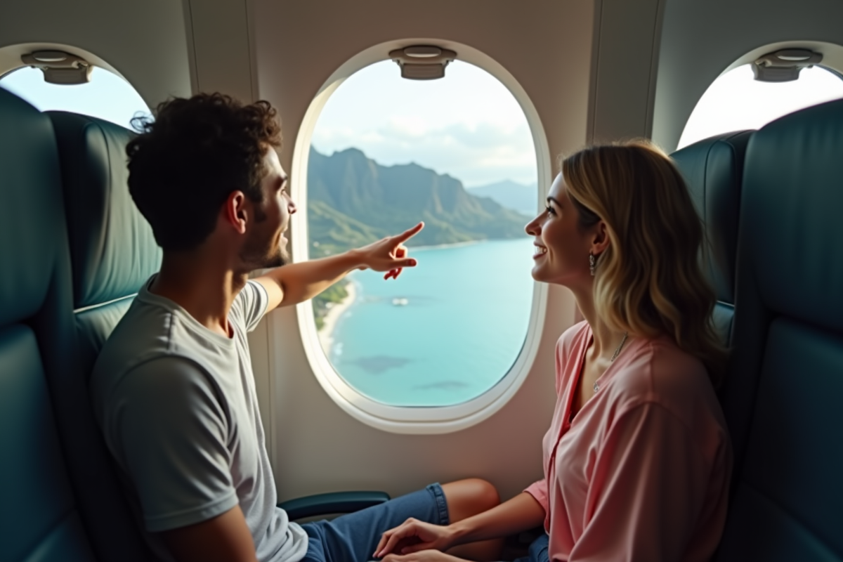 Jeune couple regardant la côte et montagnes hawaiiennes depuis l