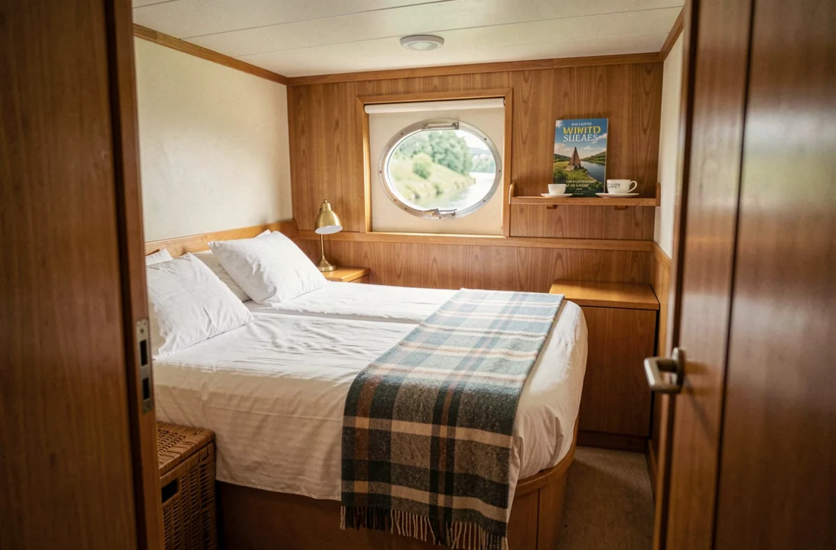 Intérieur cosy d'une cabine de péniche de croisière fluviale bretonne avec hublot vue sur le canal