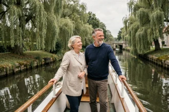 Couple sur une péniche traversant un canal breton bordé de saules, avec une écluse en pierre au loin