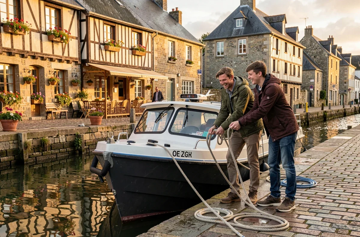 Famille amarrant un bateau fluvial électrique au quai d'un village breton pittoresque