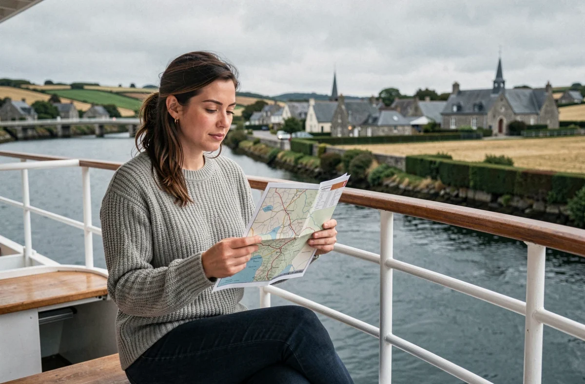 Femme seule sur le pont supérieur d'un bateau fluvial breton consultant une carte de navigation
