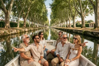 Groupe de touristes profitant d'une croisière journée sur le Canal du Midi sous les platanes