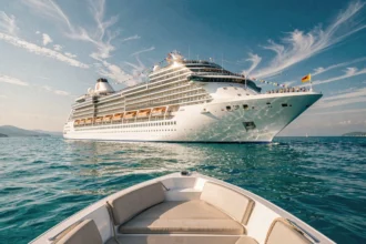 Paquebot de luxe naviguant en Méditerranée lors d'une croisière évènementielle avec des fans à bord