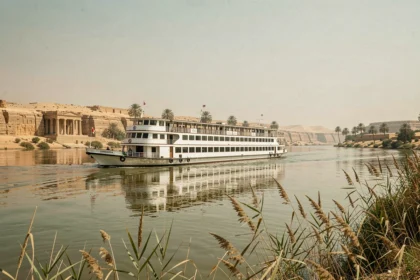 Bateau de croisière sur le Nil naviguant près de Louxor avec temples en arrière-plan