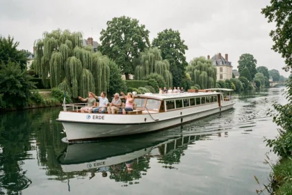 Bateau de croisière naviguant sur la rivière Erdre à Nantes entouré de rives verdoyantes et de demeures historiques