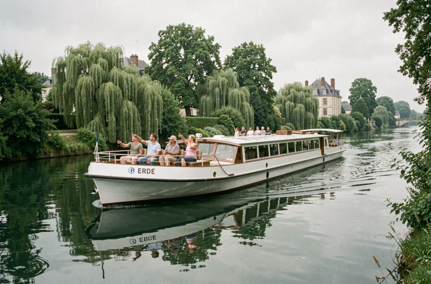 Bateau de croisière naviguant sur la rivière Erdre à Nantes entouré de rives verdoyantes et de demeures historiques