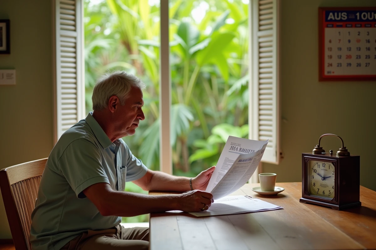 Homme étudiant un itinéraire de vol depuis la Martinique dans une maison créole avec vue sur végétation tropicale