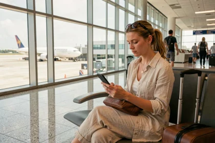Voyageuse fatiguée par le décalage horaire à l'aéroport de Miami consultant l'heure sur son téléphone