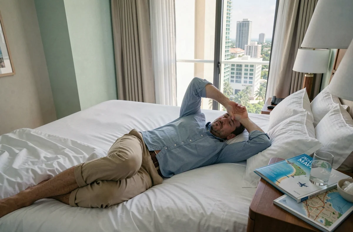 Homme souffrant du décalage horaire allongé éveillé dans une chambre d'hôtel à Miami en plein après-midi