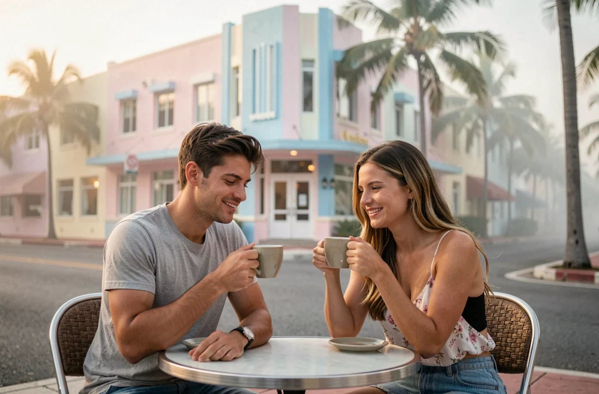 Couple de voyageurs en décalage horaire prenant un café tôt le matin dans un café de Miami Beach