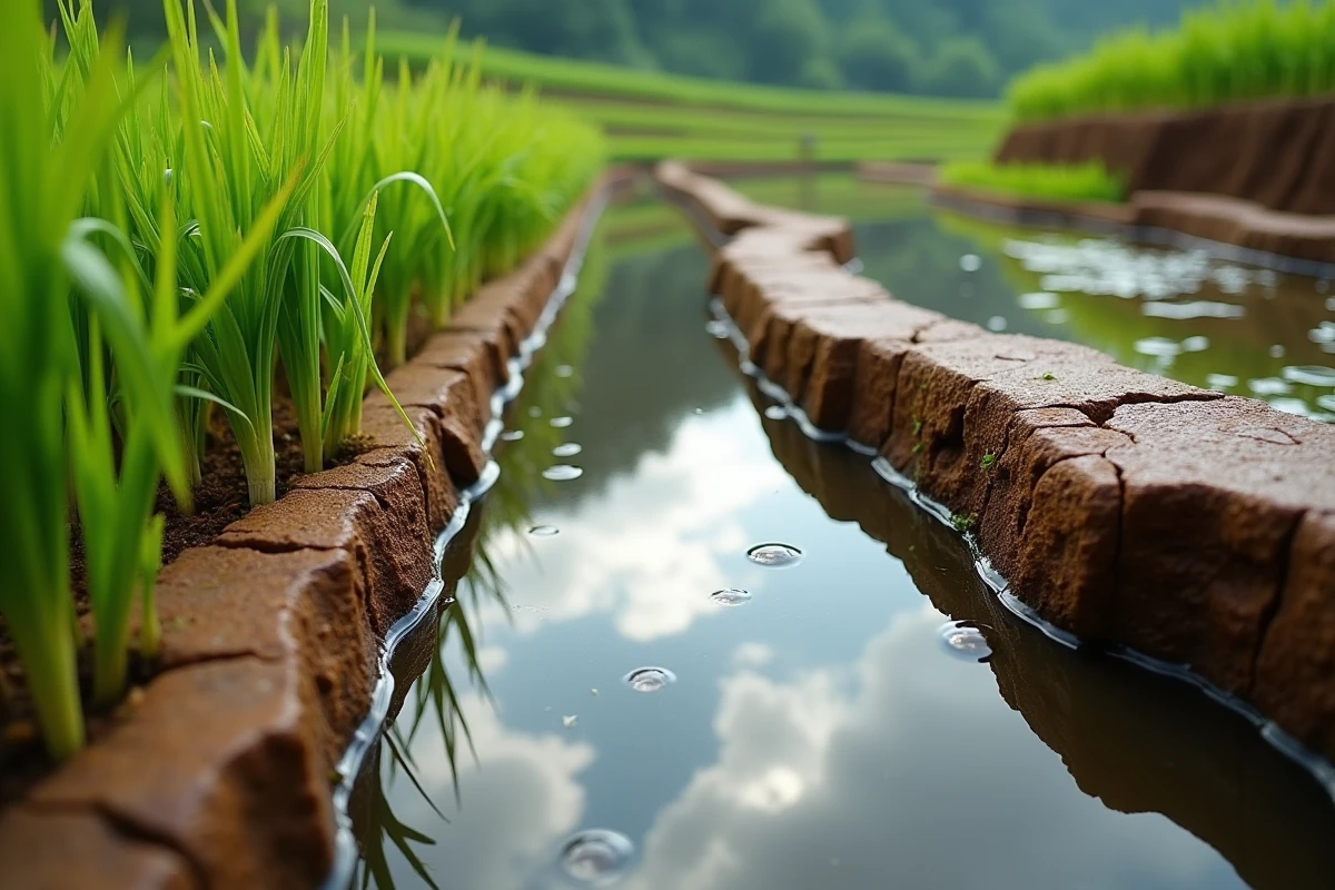 Vue en gros plan des murets de boue et des pousses de riz en eau dans les terrasses de Tegallalang, détail macro éditorial
