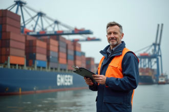 Ouvrier portuaire au port animé avec containers et grues