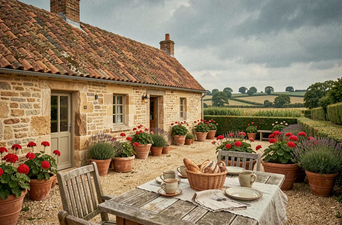 Longère vendéenne du Domaine de la Corbe avec cour intérieure fleurie et table de petit-déjeuner en terrasse
