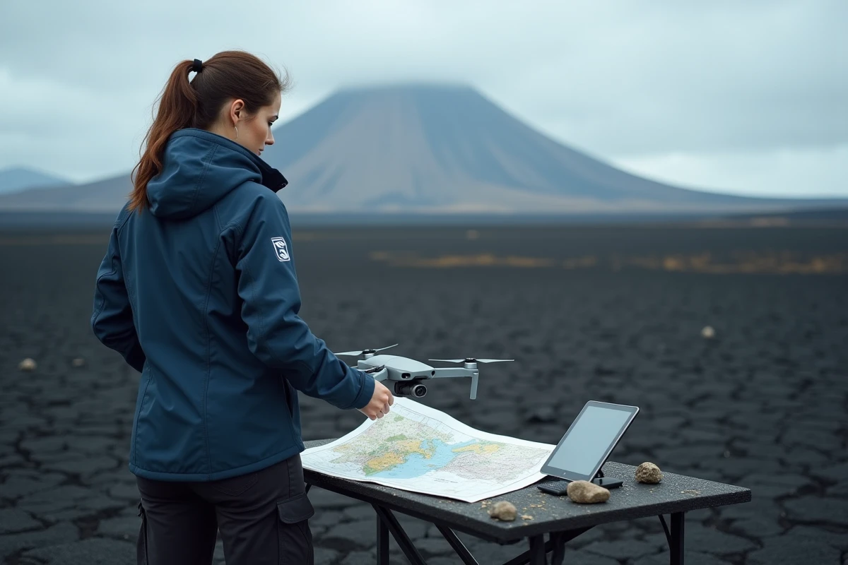 Droniste féminine avec une carte volcans Italie sur un champ de lave au pied de l'Etna en Sicile
