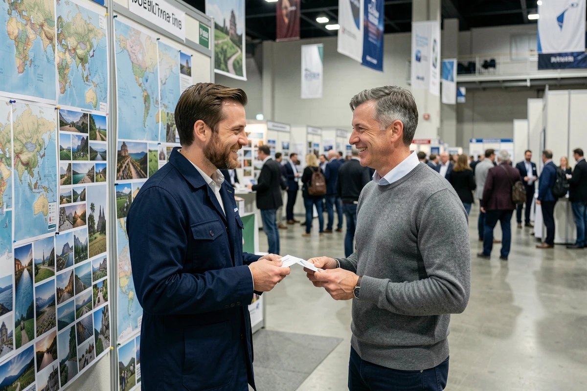 Deux blogueurs voyageurs échangeant des cartes de visite devant un stand d'exposition lors d'un salon dédié aux créateurs de contenus voyage