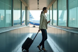 Passagère en embarquement prioritaire Volotea sur la passerelle d'accès à l'avion avec son bagage cabine