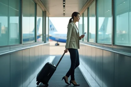 Passagère en embarquement prioritaire Volotea sur la passerelle d'accès à l'avion avec son bagage cabine