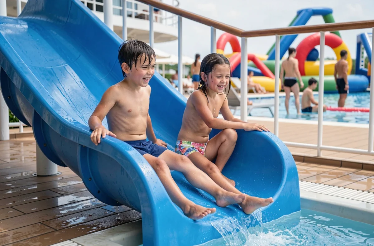 Enfants sur un toboggan aquatique du pont de jeux d'un navire de croisière