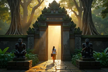 Entrée du Sacred Monkey Forest à Ubud au lever du soleil avec une femme balinaise en tenue traditionnelle portant des offrandes