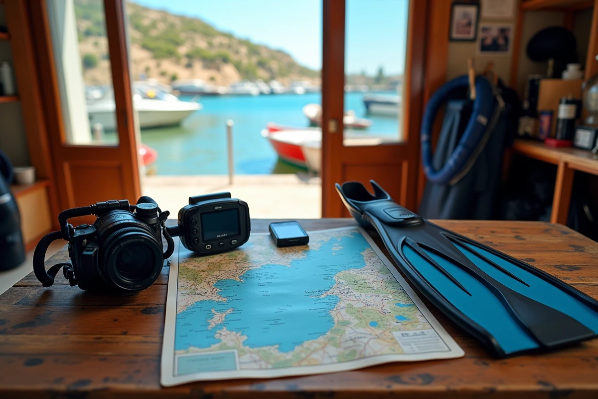 Équipement de plongée et carte nautique des sites de plongée du nord de la Corse disposés sur un comptoir en bois dans un centre de plongée côtier