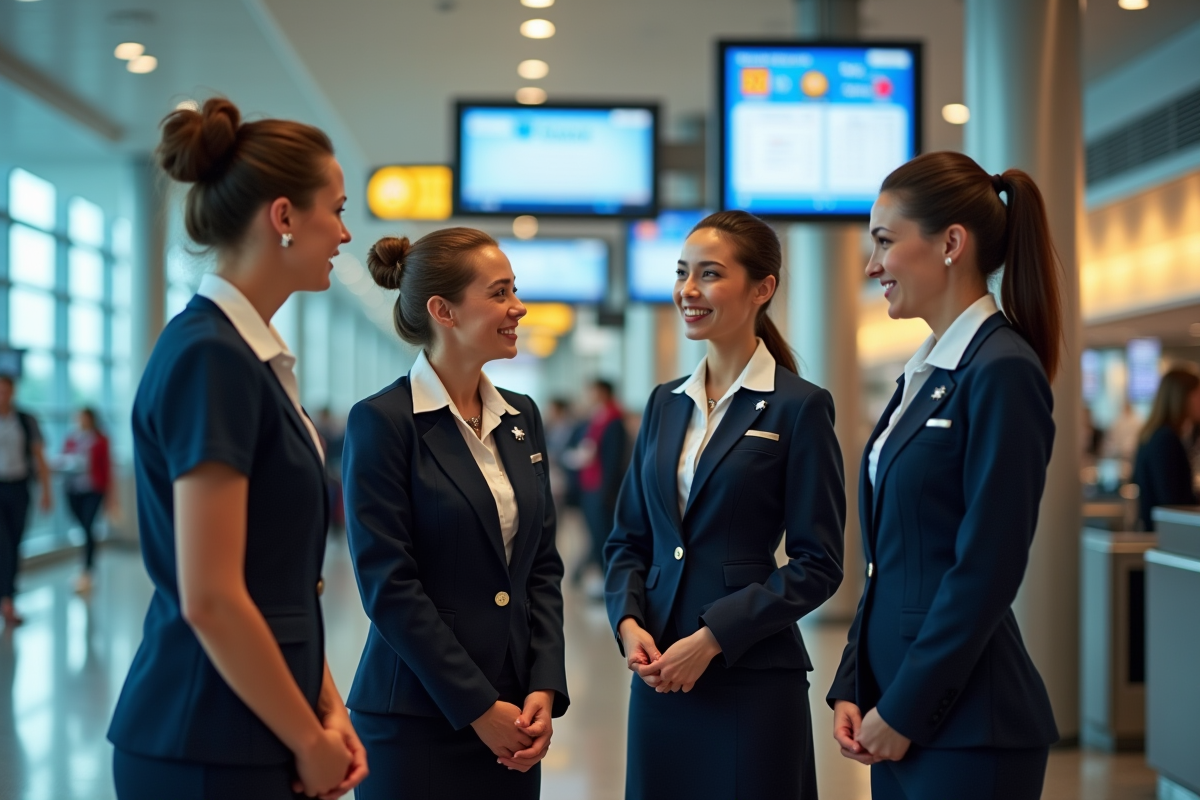 Groupe de hôtesses discutant près du comptoir d