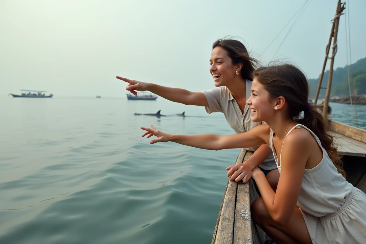Mère et fille à bord d'un bateau traditionnel balinais lors d'une excursion observation des dauphins au large de la plage de Lovina à Bali au lever du jour