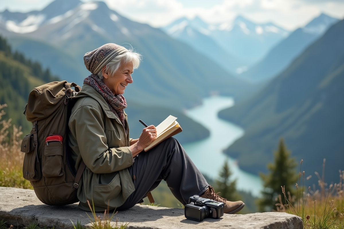 Exploratrice âgée assise avec vue sur vallée montagneuse