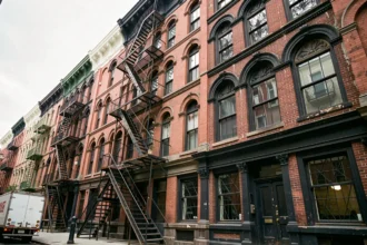 Façade en fonte ornementée d'un immeuble historique de SoHo à New York avec escaliers de secours et fenêtres en arc