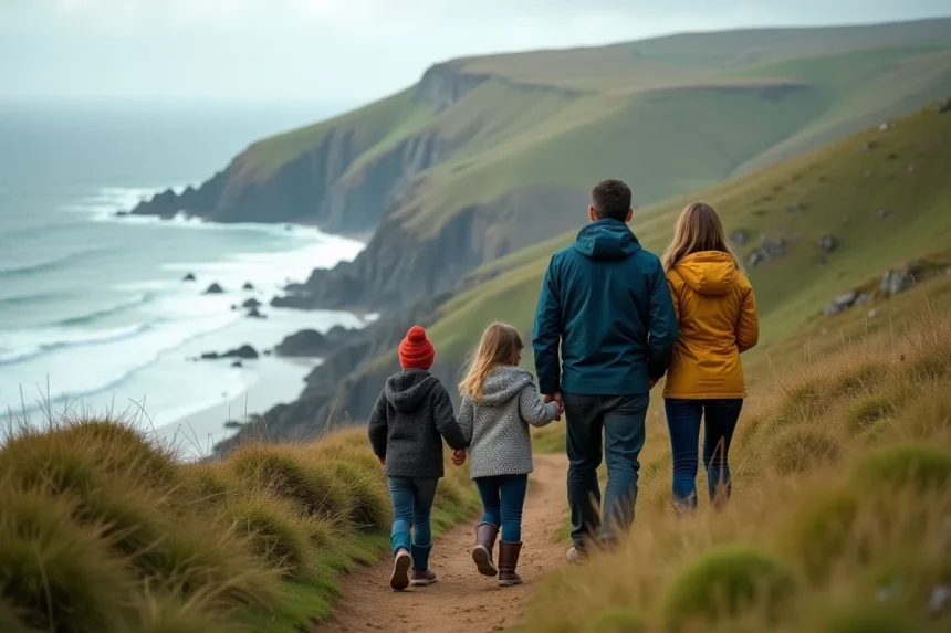 Famille basque regardant l ocean depuis la montagne