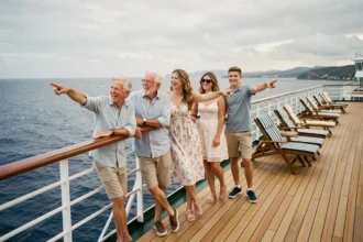 Famille multigénérationnelle sur le pont d'un bateau de croisière regardant la mer