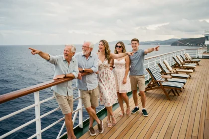 Famille multigénérationnelle sur le pont d'un bateau de croisière regardant la mer